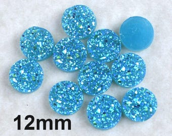 Aqua Blue AB, Druzy, 12mm Resin Druzy, Imitation Druzy, D49B, Bulk, Resin Cabochon, Drusy, Druzy Cabochon, Flat Back Druzy, 50 pieces