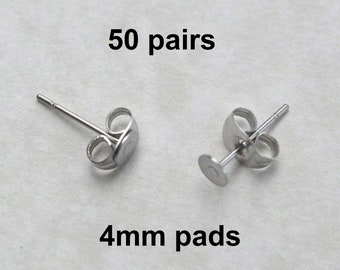 50 Pairs earring posts, 4mm Flat Pads, Surgical Steel flat pad, EFP-4P-50, posts and butterfly backs, hypoallergenic earring post