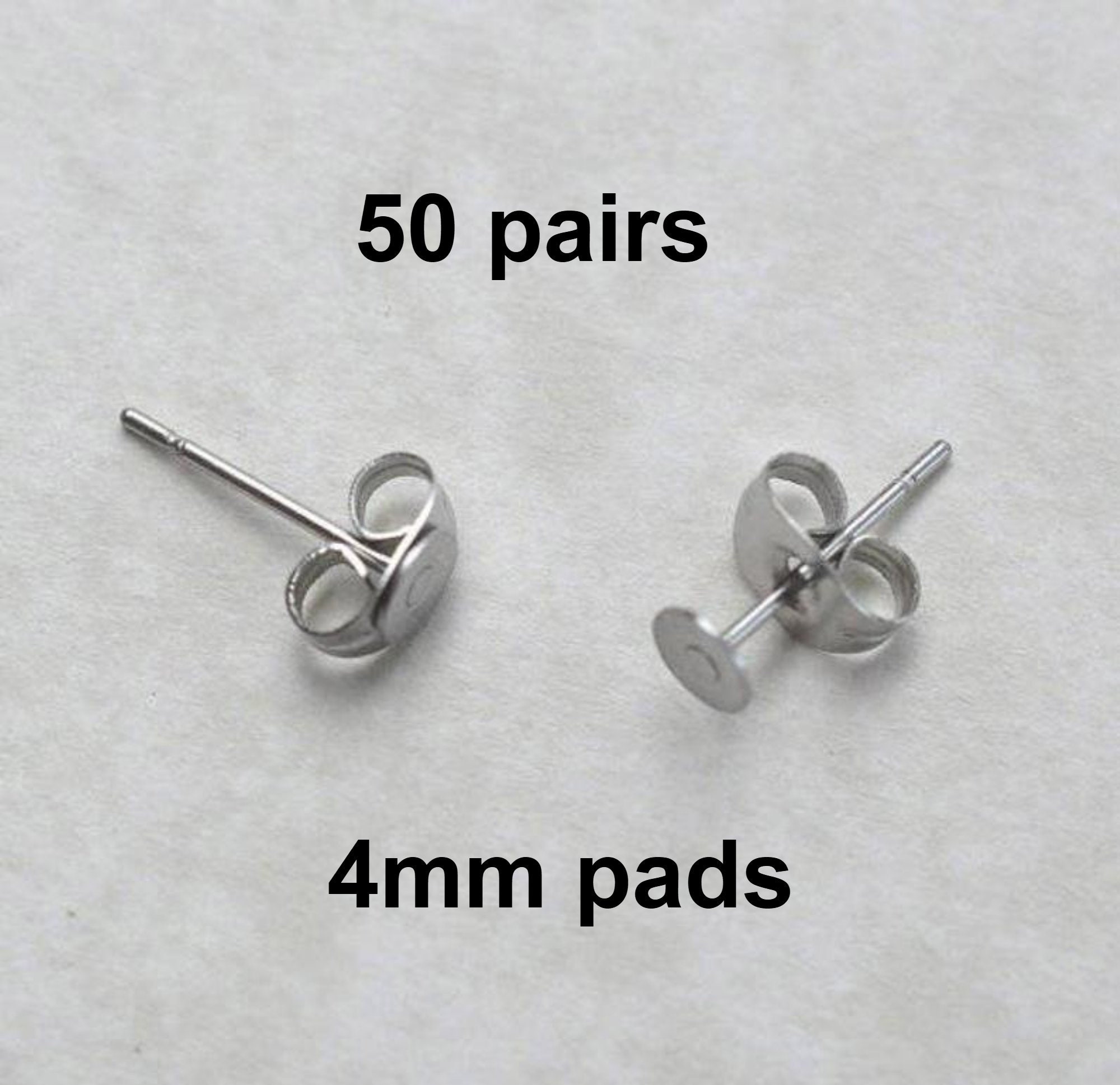 50 Pairs Earring Posts, 4mm Flat Pads, Surgical Steel Flat Pad, EFP4P50, Posts and Butterfly