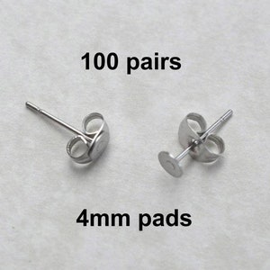 4mm Surgical Steel Posts, 100 Pairs,  4mm  flat pad,  EFP-4P-100, earring posts, butterfly backs, hypoallergenic earring post