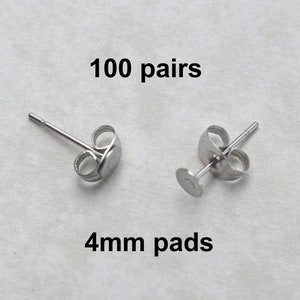 4mm Surgical Steel Posts, 100 Pairs, 4mm flat pad, EFP-4P-100, earring posts, butterfly backs, hypoallergenic earring post image 1