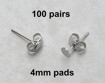 4mm Surgical Steel Posts, 100 Pairs,  4mm  flat pad,  EFP-4P-100, earring posts, butterfly backs, hypoallergenic earring post