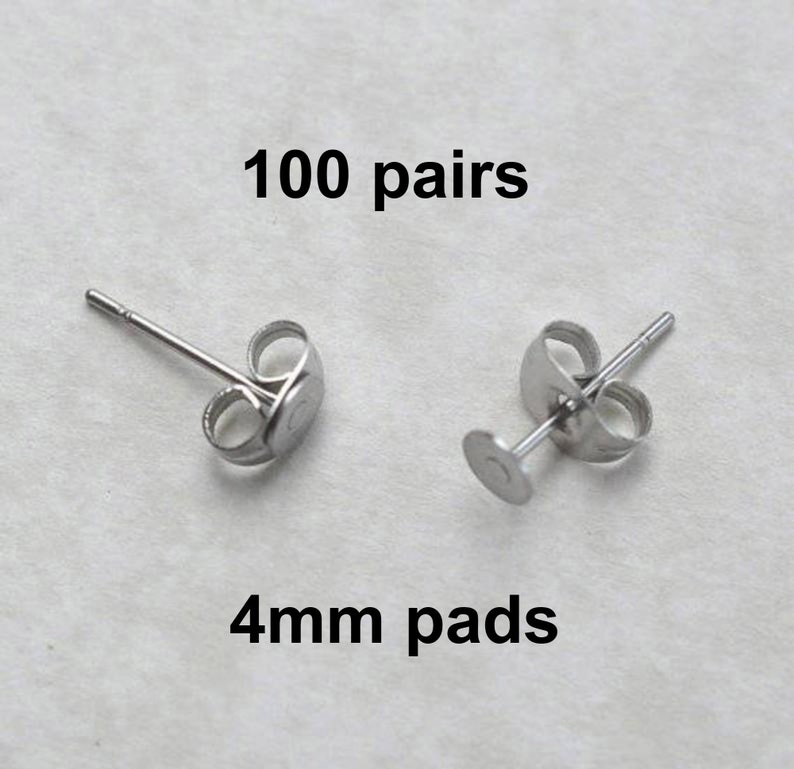 4mm Surgical Steel Posts, 100 Pairs, 4mm flat pad, EFP-4P-100, earring posts, butterfly backs, hypoallergenic earring post image 1