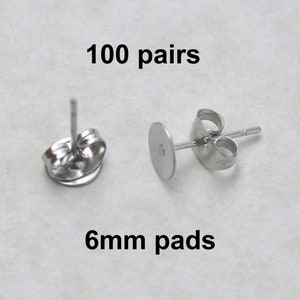6mm Flat Pads, Surgical Steel Posts, 100 pairs, EFP-6P-100, earring posts, butterfly backs, hypoallergenic earring post, Earring Findings