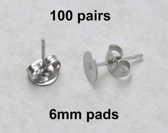 6mm Flat Pads, Surgical Steel Posts, 100 pairs, EFP-6P-100, earring posts, butterfly backs, hypoallergenic earring post, Earring Findings