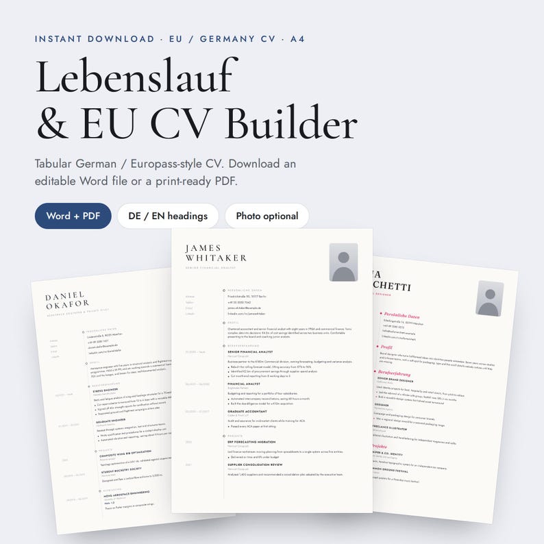 EU CV Template | Editable Word & Pdf Lebenslauf Builder | Europass ...