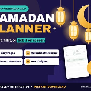 Op de afbeelding: Een digitale Ramadan-planner voor 1448 AH 2027 met een donkerblauwe achtergrond, gouden lantaarns en een halve maan. De tekst bevat Ramadan Planner, 30 Daily Pages, Quran Khatm Tracker, Suhoor & Iftar Plans, Last 10 Nights en 44 Pages.