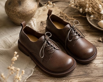 Chaussures plates en cuir marron à semelle souple, chaussures larges en cuir de vachette pour femme, richelieus rétro doublés en peau de porc, chaussures de travail confortables minimalistes, chaussures plates de voyage vintage