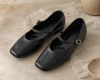Handmade Black Washed Leather Mary Jane Flats Vintage Square Toe Women Shoes Soft Sheepskin Insole Cottagecore Work Travel Party Footwear