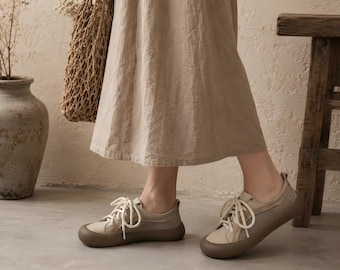 Leather Lace Up Flats for Women, Cream Soft Oxford Shoes, Flexible Walking Shoes, Wide Fit Comfort Flats