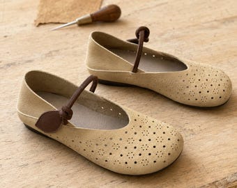 Women Beige Leather Cutout Mary Jane Flats Soft Sole Breathable Barefoot Shoes Handmade Suede Look Work Travel Flats