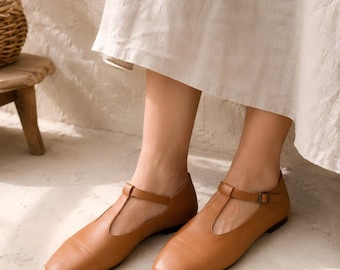 Brown Leather Mary Jane Flats, Handmade Top Grain Leather T Strap Shoes, Soft Sole Women’s Dress Flats for Work Travel