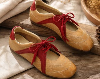Leder Oxford Ballerinas Damen, weiches Rindsleder Bequeme Schuhe, Retro Ballerinas mit roter Spitze, leichte Reisearbeitsschuhe