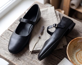 Mary Jane nere a punta quadrata, ballerine in pelle di pecora fatte a mano, scarpe vintage da donna con cinturino singolo, calzature minimaliste per l'ufficio e per tutti i giorni, idea regalo