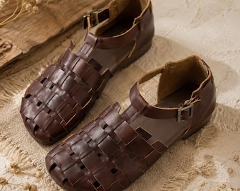 Brown Woven Leather Fisherman Sandals for Women, Closed Toe Soft Sole Flats, Genuine Cowhide T Strap Summer Shoes, Casual Walking Footwear