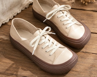 Women’s Cream Leather Sneakers, Genuine Cowhide Lace Up Shoes, Beige Platform Flats, Soft Work Travel Walking Shoes, Gift for Her