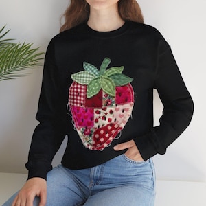 Patchwork Strawberry Sweatshirt, Cottagecore Quilt Style Pullover, Cozy Vintage Fruit Graphic Crewneck