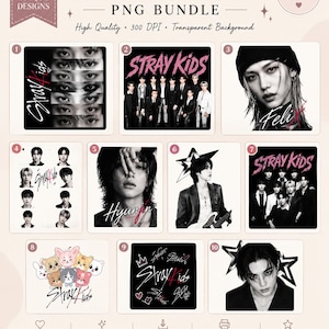 Può includere: Un pacchetto digitale di file PNG intitolato YumnPrints contenente 10 design unici relativi al gruppo musicale Stray Kids. La collezione include ritratti fotografici in bianco e nero dei membri, foto di gruppo, testo stilizzato e un'illustrazione a colori.