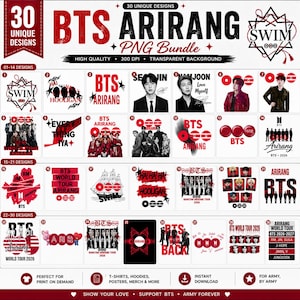 以下が含まれることがあります： BTS ArirangのPNGデザイン30種類を収録したデジタルコレクション。赤と黒のグラフィック、メンバーのポートレート、ツアーテキスト、ロゴが含まれています。高画質300 DPIの透過ファイル形式で、様々なプリントプロジェクトに使用可能です。