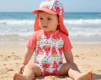 Strój kąpielowy dla niemowląt w arbuzy z kapeluszem przeciwsłonecznym | Kombinezon z filtrem UV i strój plażowy dla malucha | Krótki rękaw, rashguard | Letni strój na wakacje dla niemowląt