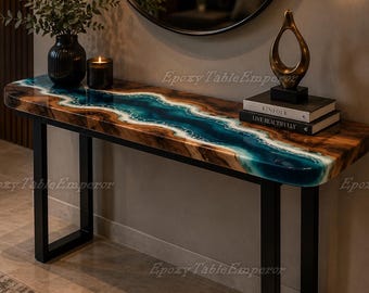 Live Edge Epoxy Ocean Console Table | Blue River Entryway Table | Resin Wood Hallway Table | Modern Coastal Sofa Table | Custom Narrow Table