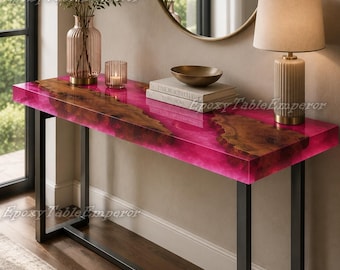 Roze epoxy consoletafel | Live Edge Burl Wood Resin River-tafel | Moderne salontafel met hal | Luxe aangepaste gangaccent