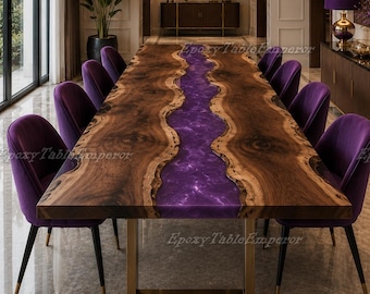 Lila Epoxidharz Esstisch, Live Edge Walnut River Tisch, Benutzerdefinierte Luxus Esstisch, Großer Konferenztisch, Moderne Küche