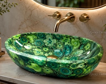 Green Agate Style Vessel Sink, Epoxy Resin Luxury Bathroom Basin, Oval Emerald Stone Countertop Sink, Custom Vanity Decor