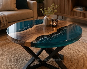 Round Epoxy River Coffee Table, Live Edge Walnut Coffee Table, Blue Ocean Resin Table, Modern Living Room Furniture, Wood Inlay Table