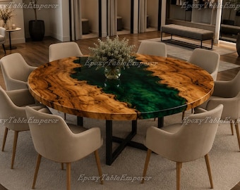 Runder Epoxy Esstisch | Live Edge Wurzelholz Green River Konferenz-Küchentisch