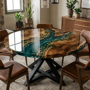 May include: A circular dining table with a river-style epoxy resin design. The table has a dark wood grain pattern with a blue and green river effect. It is supported by a black metal base and surrounded by brown leather chairs.