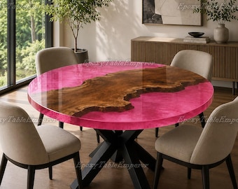 Round Pink Resin Dining Table, Live Edge Wood River Table, Custom Epoxy Kitchen Table, Handcrafted Wood Table with Metal Base, Modern Decor