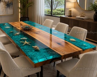 Epoxy-Flusstisch im Ozean, Live Edge-Esstisch mit Muscheln und Seesternen, benutzerdefinierter Strand-Harztisch, Küsten-Konferenztisch