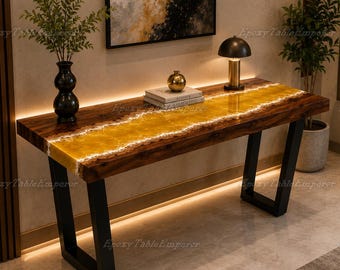 Luxury Walnut Epoxy Console Table, Glowing Yellow Resin River Table, Live Edge Entryway Table, Custom Narrow Foyer Table, Modern Furniture