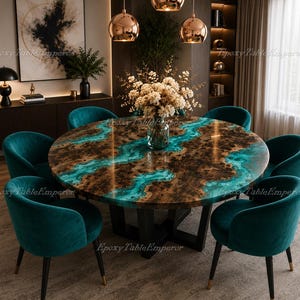 Round Epoxy River Dining Table, Turquoise Resin Wood Table, Live Edge Burl Dining Table, Custom Round Kitchen Table, Luxury Decor