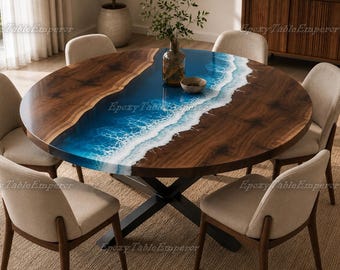 Round Ocean Epoxy Table, Live Edge Walnut Dining Table, Blue Resin Ocean Wave Table, Custom Round Wood Dining Room Table