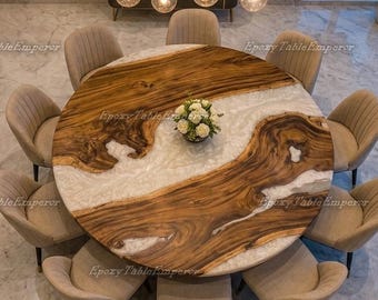 Round Live Edge Acacia Wood White Resin River Dining Table, Mid-Century Modern Statement Furniture