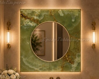 Luxury Green Onyx Resin Mirror | Backlit Square Wall Art (Bathroom Decor)