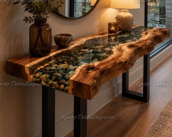 Live Edge Konsolentisch mit Flusssteinen | Epoxidharz Sofa Tisch