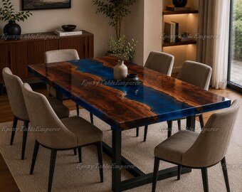 Blue Epoxy River Dining Table, Live Edge Walnut Table, Custom Resin Ocean Table, Luxury Kitchen Table, Conference Desk