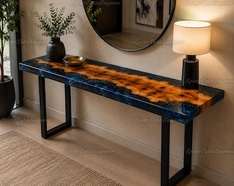 Live Edge Epoxy River Console Table, Blue Resin Entryway Table, Custom Burl Wood Sofa Table, Ocean River Hallway Furniture