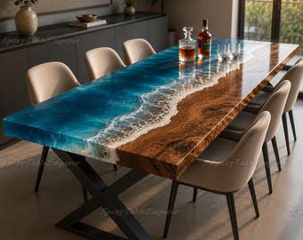 Burl Wood Epoxy Resin Ocean Wave Dining Table, Live Edge Coastal Conference Table