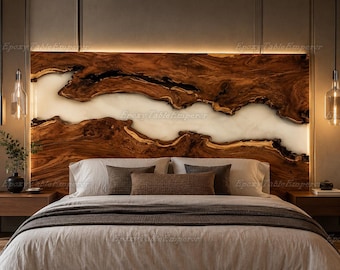 Live Edge Walnut Epoxy River Headboard, White Resin Modern Rustic Bedhead