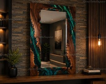 Live Edge Wood & Teal Epoxy Resin Mirror Frame | Rustic Wall Mirror | Custom Walnut Live Edge Mirror | Luxury Modern Wood Wall Art Decor
