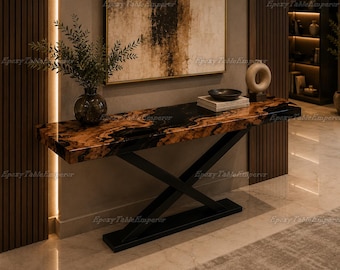 Live Edge Burl Wood Console Table with Black Epoxy Resin | Luxury Entryway Table | Modern Sofa Table | Custom Resin River Table