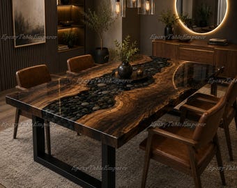 River Rock Epoxy Resin Table | Live Edge Walnut Dining Table | Black Pebble Resin River Table | Rustic Modern Custom Dining Table
