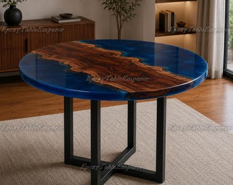 Ronde blauwe eettafel epoxyhars, live edge walnoot riviertafel, aangepaste ronde keukentafel, moderne houten eettafel, salontafel