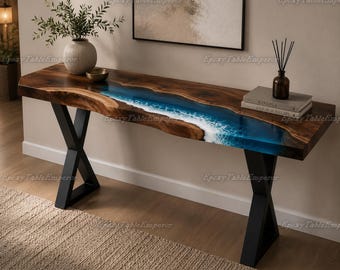 Live Edge Ocean Resin Console Table, Blue Epoxy River Sofa Table, Custom Walnut Beach Wave Entryway Table, Coastal Art Furniture