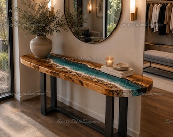 Konsolentisch aus Walnussholz mit natürlicher Kante und Epoxidharzbeschichtung „Ocean Wave“, Eingangsbereich-Sofa „Blue River“