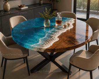 Round Ocean Epoxy Dining Table, Blue Resin Beach Art Table, Custom Walnut Burl Wood Table, Luxury Table, Coastal Dining Room Furniture